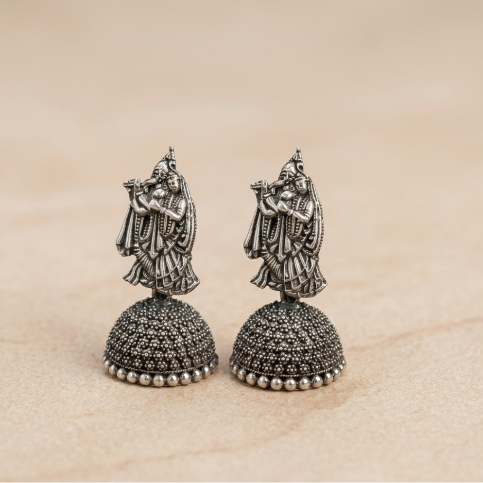 Radha Krishna Oxidised Silver Jhumka Earrings - Image 3