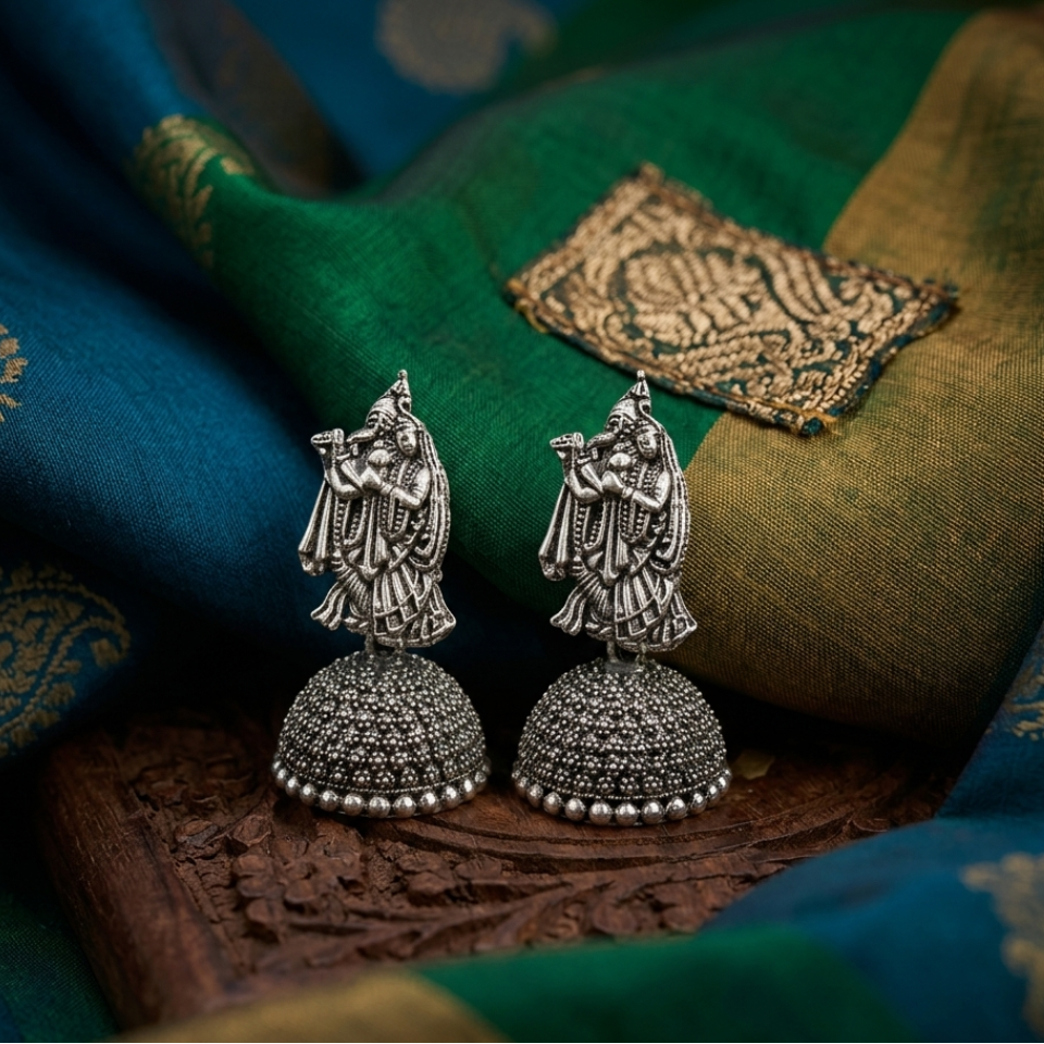 Radha Krishna Oxidised Silver Jhumka Earrings