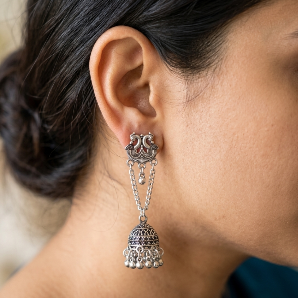 Timeless Elegance: Traditional Oxidized Silver Jhumka - Image 2