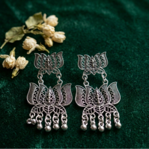 Antique Silver oxidise Double Lotus Filigree Earrings