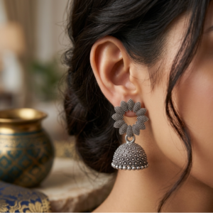 Sun-Kissed Petals: Oxidized Silver Floral Jhumkas