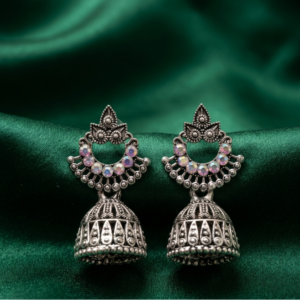 Vintage Oxidized Silver Jhumka Earrings with Iridescent Accents