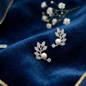 Ethereal Leaf & Pearl Climber Earrings