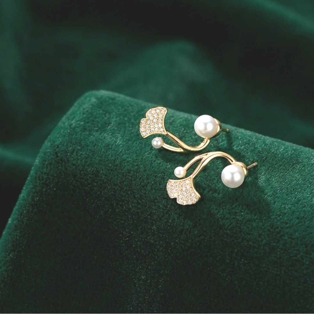 Ginkgo Leaf Pearl Studs