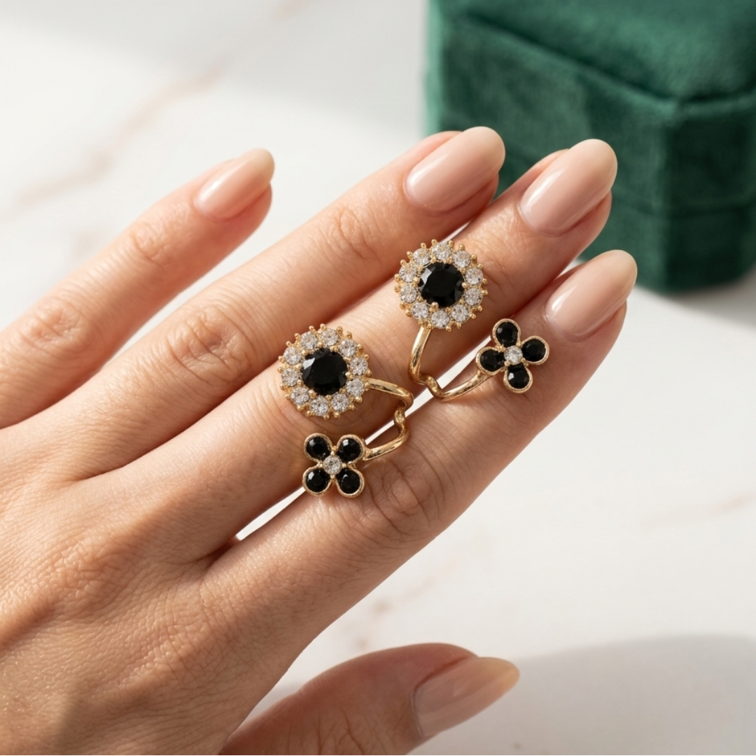 Elegant Black & Gold Floral Stud Earrings - Image 3