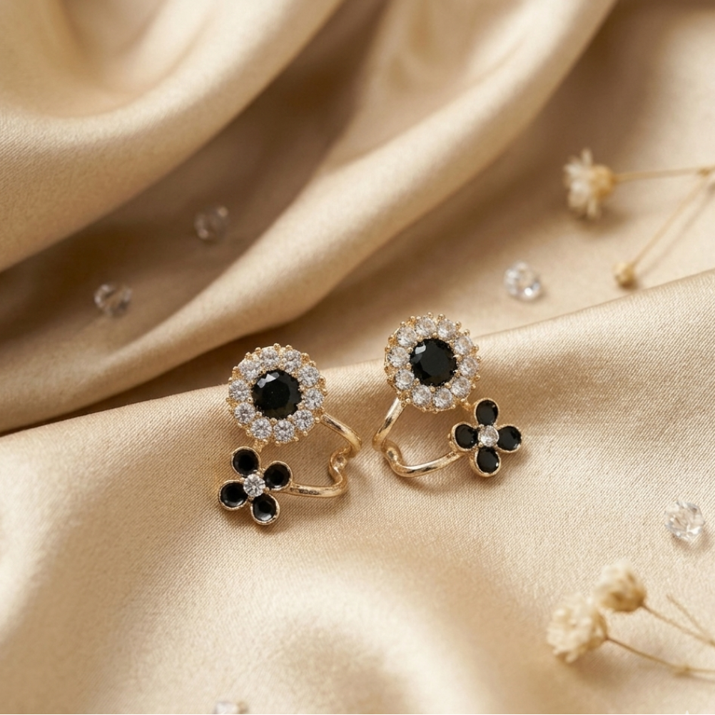 Elegant Black & Gold Floral Stud Earrings - Image 2