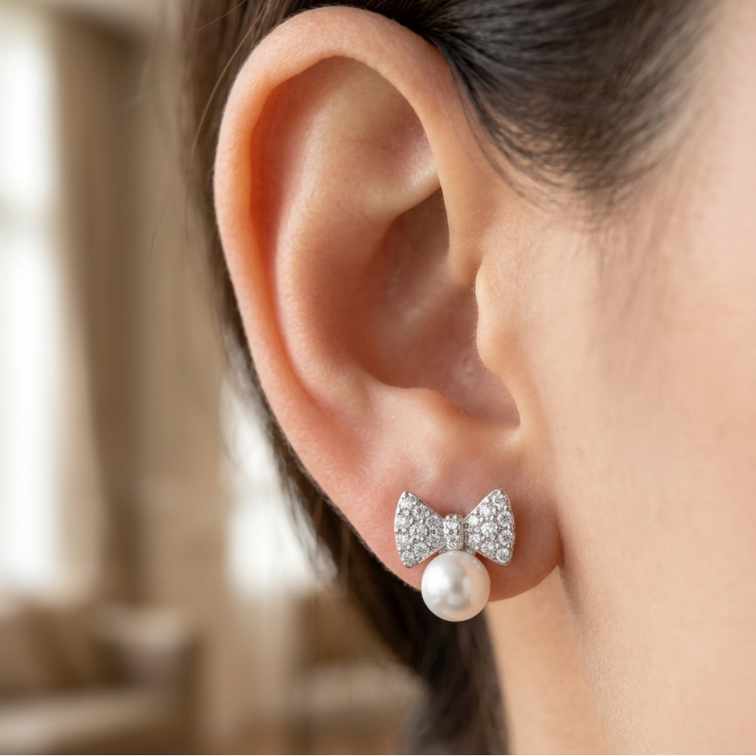 Sparkling Bow Pearl Drop Earrings - Image 2