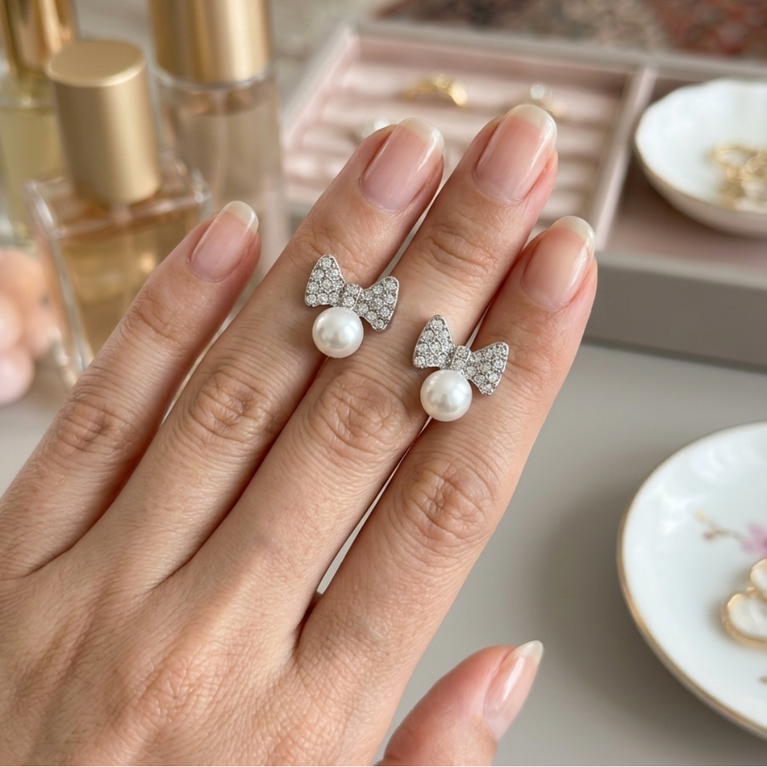 Sparkling Bow Pearl Drop Earrings - Image 4