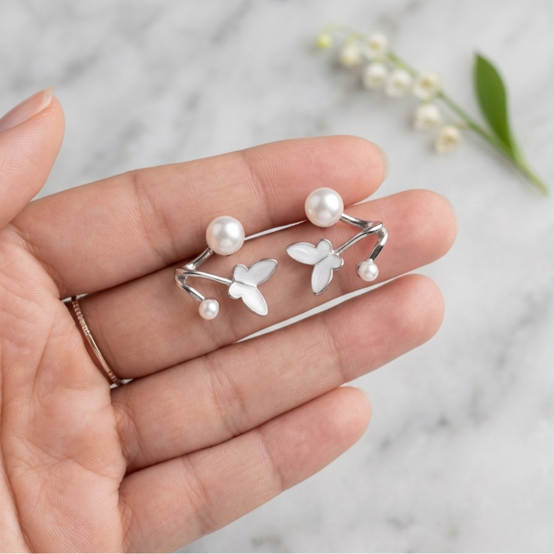 Elegant Pearl Butterfly Ear Cuff Earrings - Image 2