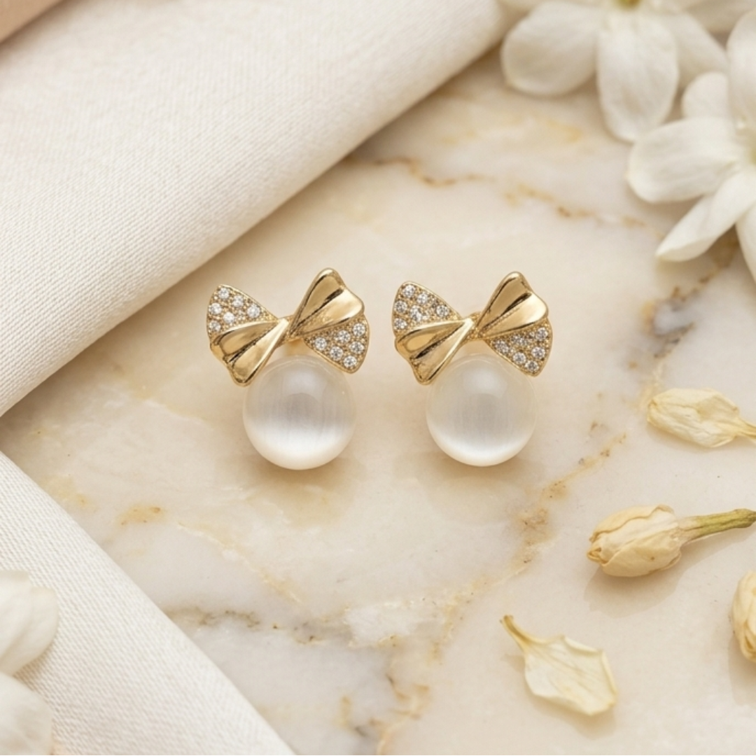 Golden Bow Cat’s Eye Drop Studs