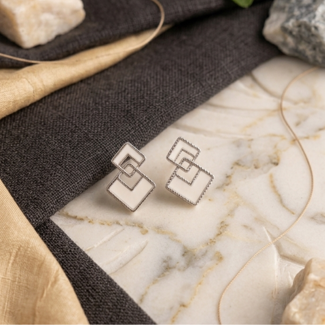 White Enamel Linked Rhombus Studs - Image 3