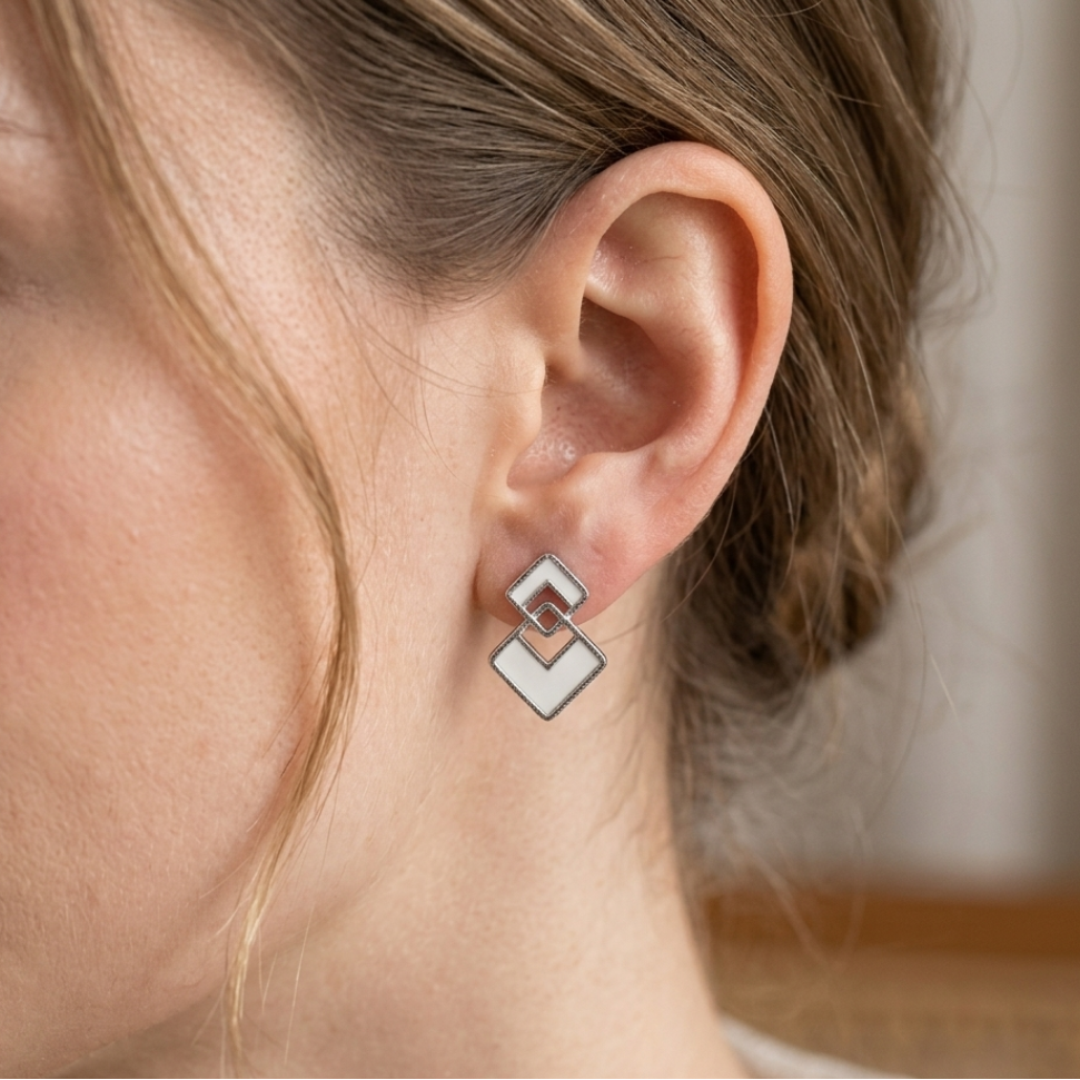 White Enamel Linked Rhombus Studs - Image 2