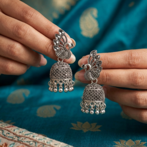 Royal Plume: Crystal-Embellished Peacock Oxidized Jhumkas