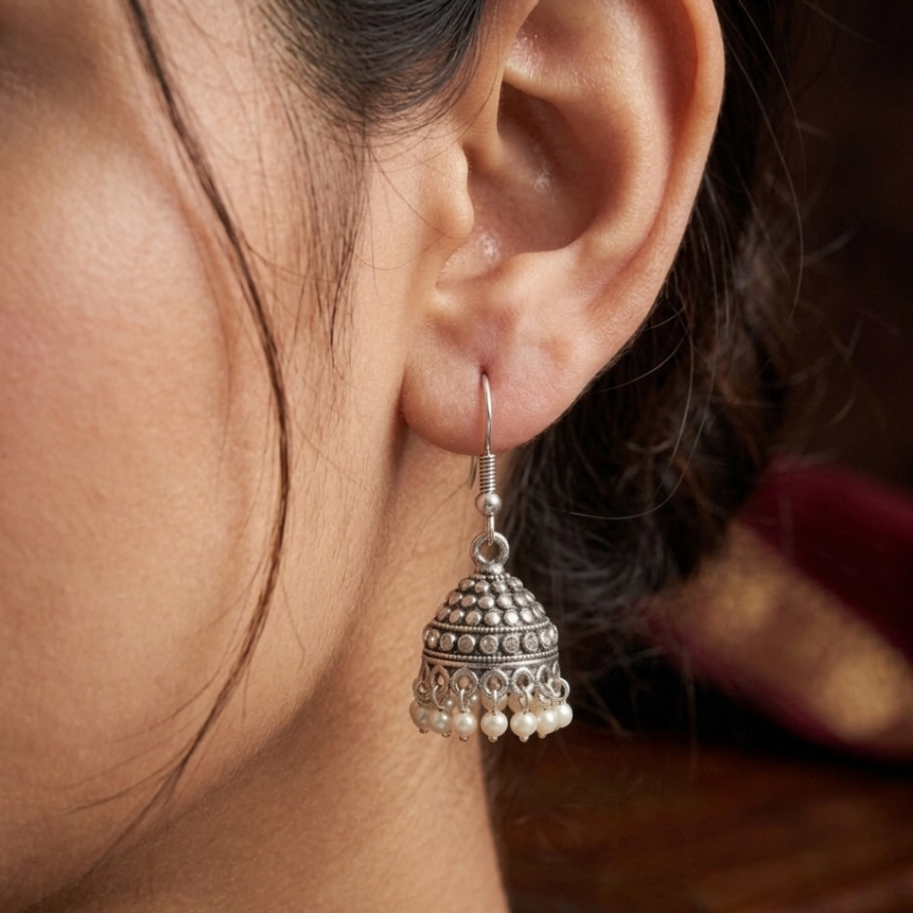 Timeless Ornate: Granulated Oxidized Jhumkas with Pearl Droplets - Image 2