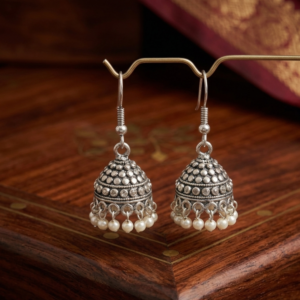 Timeless Ornate: Granulated Oxidized Jhumkas with Pearl Droplets