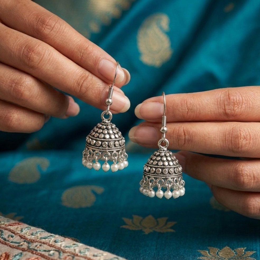 Timeless Ornate: Granulated Oxidized Jhumkas with Pearl Droplets - Image 3