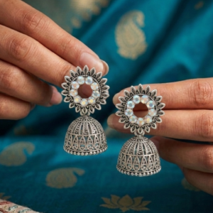 Opalescent Bloom: Sunflower Studded Oxidized Jhumkas