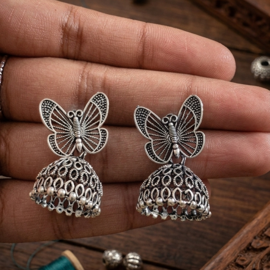 Butterfly Motif Oxidized Jhumkas - Image 3