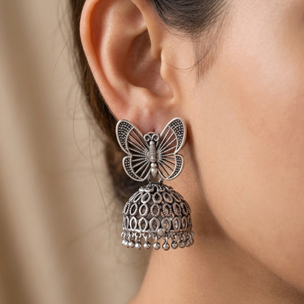 Butterfly Motif Oxidized Jhumkas - Image 2