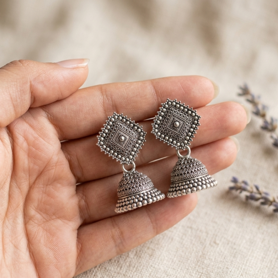 Geometric Rhombus Oxidized Jhumkas