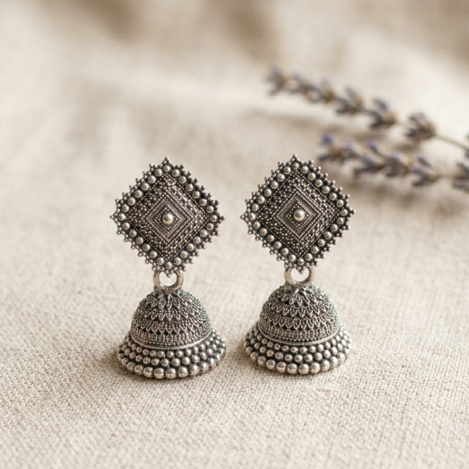 Geometric Rhombus Oxidized Jhumkas - Image 4