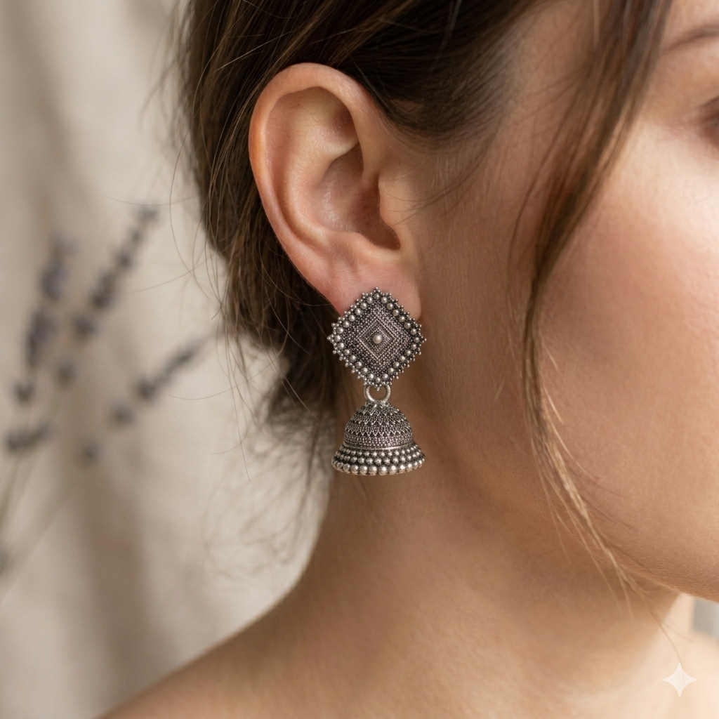 Geometric Rhombus Oxidized Jhumkas - Image 3