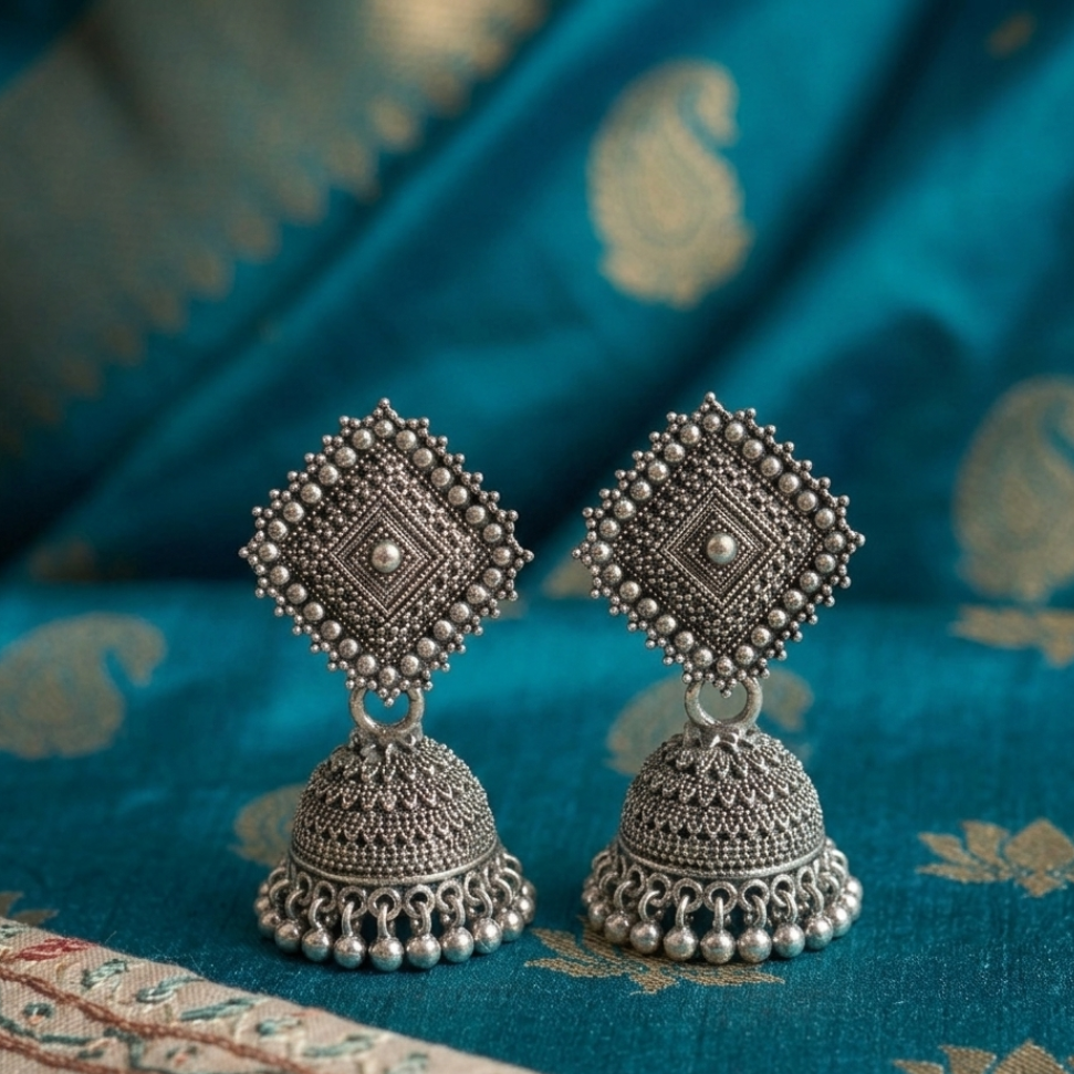 Geometric Rhombus Oxidized Jhumkas - Image 2