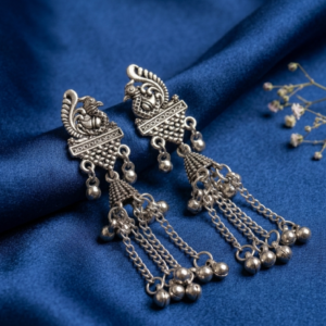 Majestic Cascade: Oxidized Peacock Chandbali Long Earrings