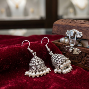 Beaded Oxidized Jhumkas with Pearl Accents