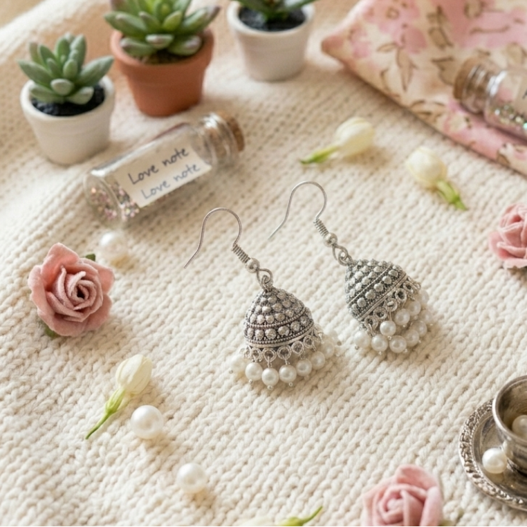 Beaded Oxidized Jhumkas with Pearl Accents - Image 3