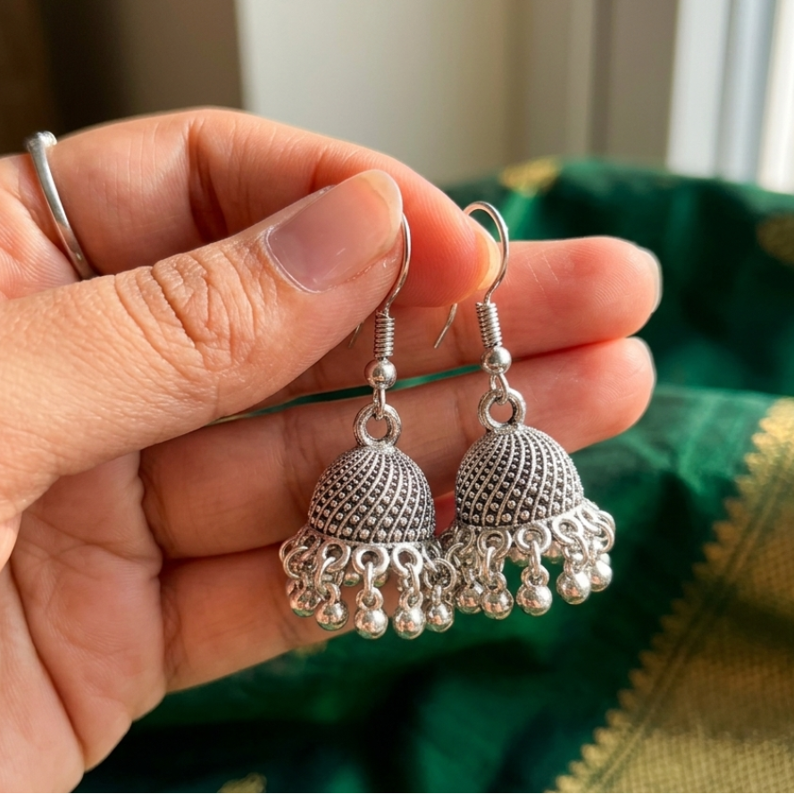 Intricate Lattice-Work Oxidized Jhumkas