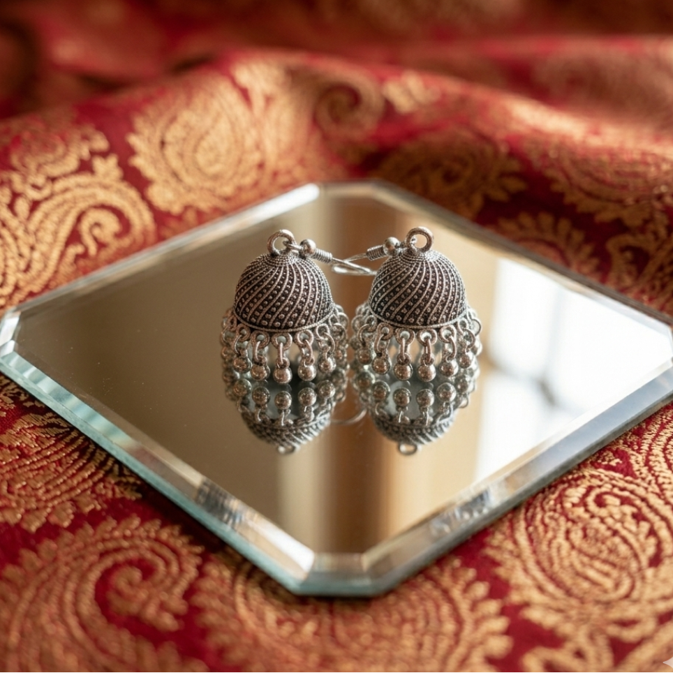 Intricate Lattice-Work Oxidized Jhumkas - Image 2