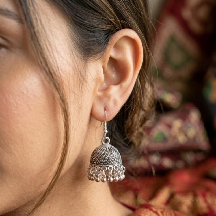 Intricate Lattice-Work Oxidized Jhumkas - Image 3