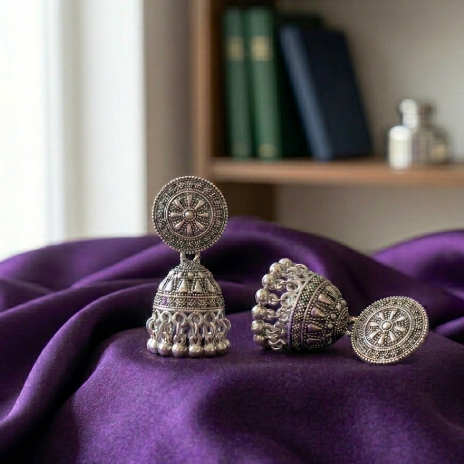 Mandala-Inscribed Oxidized Jhumkas - Image 2