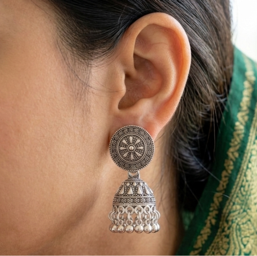Mandala-Inscribed Oxidized Jhumkas - Image 3