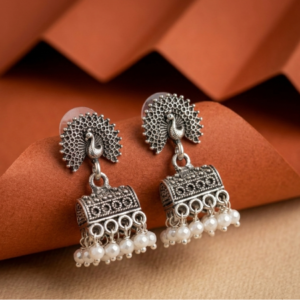 Oxidized Peacock Jhumkas with Pearl Drops