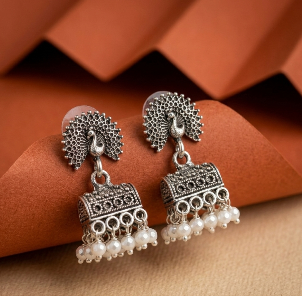 Oxidized Peacock Jhumkas with Pearl Drops