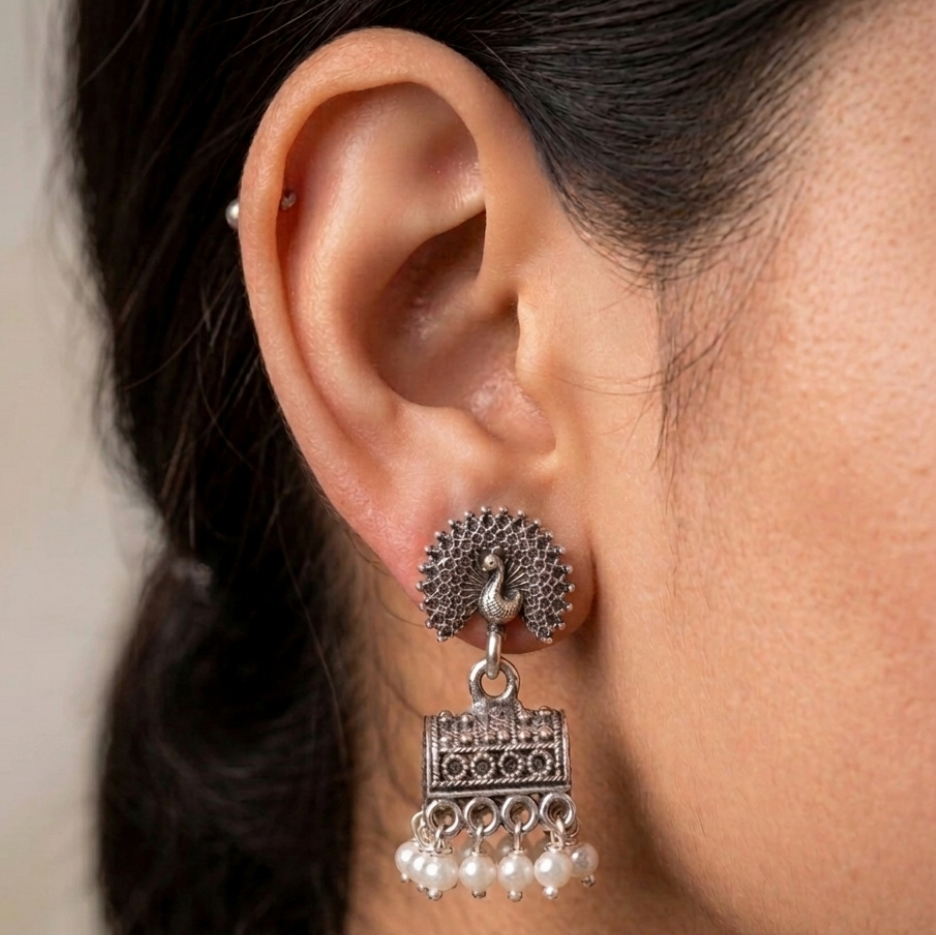 Oxidized Peacock Jhumkas with Pearl Drops - Image 2