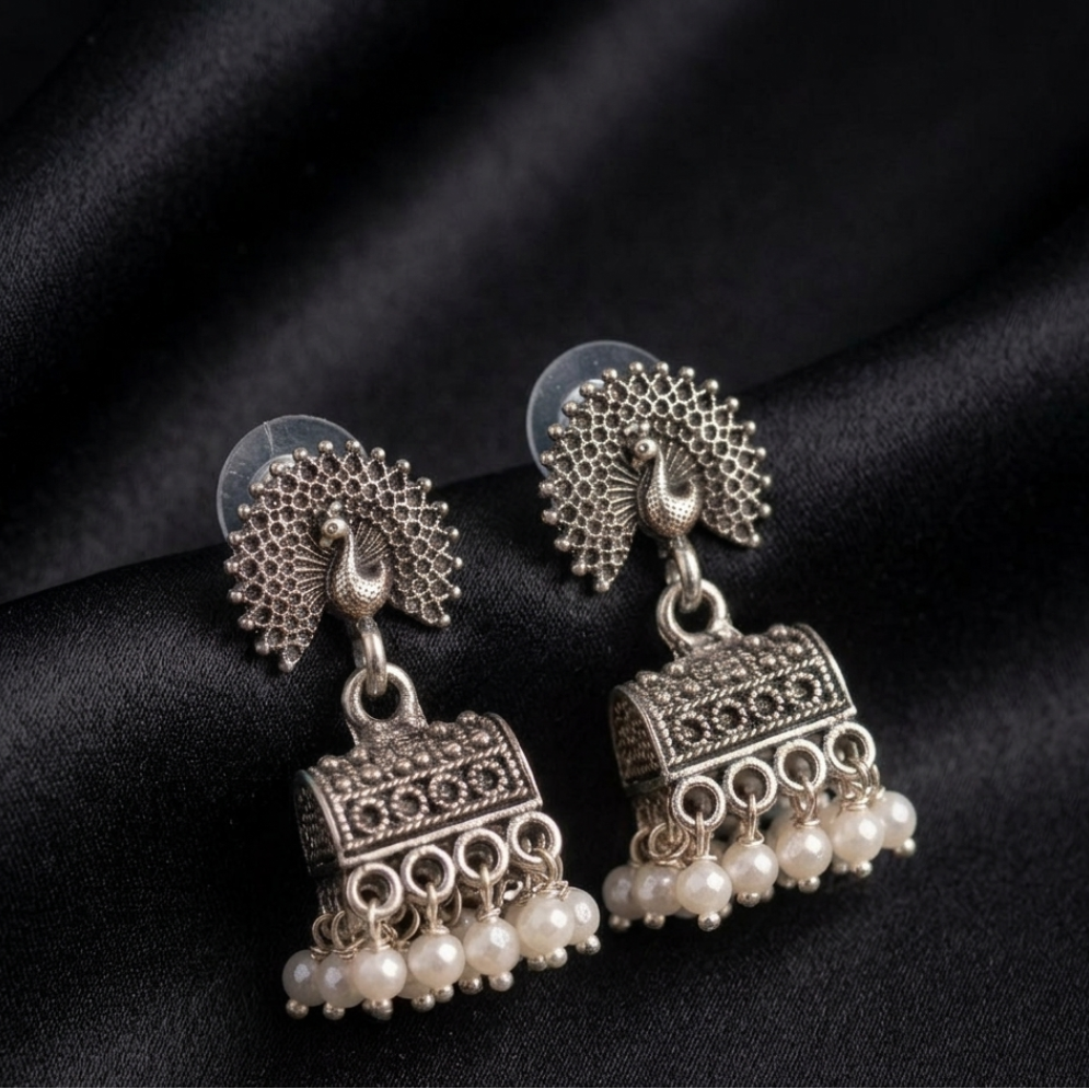 Oxidized Peacock Jhumkas with Pearl Drops - Image 3