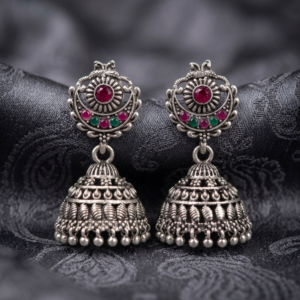 Traditional Oxidized Silver Jhumka Earrings with Pink and Green Stones