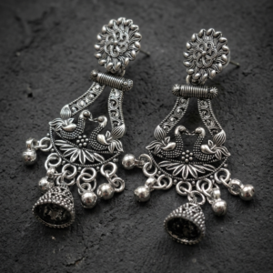 Oxidized Twin Peacock Chandelier Earrings