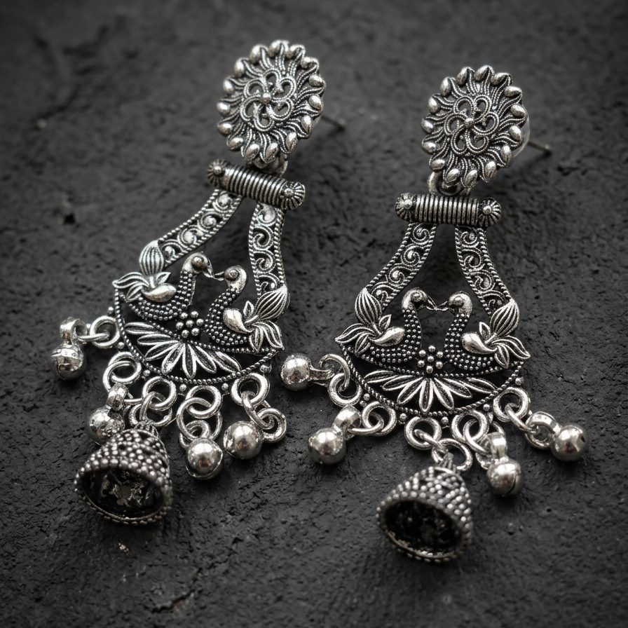 Oxidized Twin Peacock Chandelier Earrings