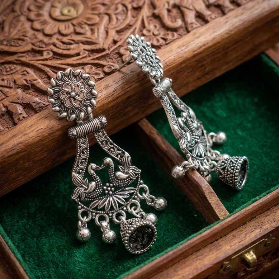 Oxidized Twin Peacock Chandelier Earrings - Image 3