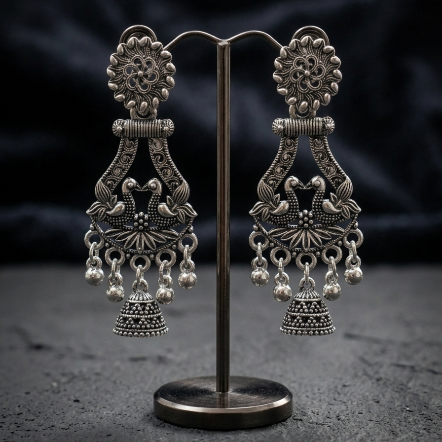 Oxidized Twin Peacock Chandelier Earrings - Image 2