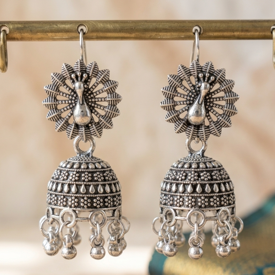Mayura Oxidized Silver Peacock Jhumka Earrings