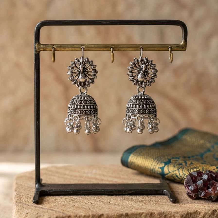Mayura Oxidized Silver Peacock Jhumka Earrings - Image 4