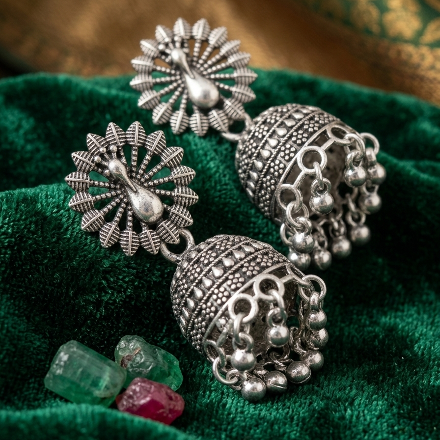 Mayura Oxidized Silver Peacock Jhumka Earrings - Image 2