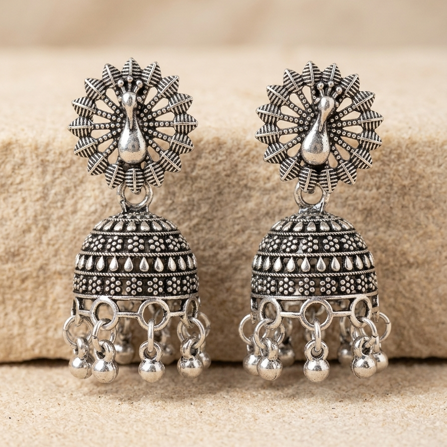 Mayura Oxidized Silver Peacock Jhumka Earrings - Image 3