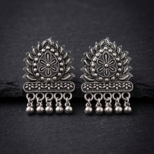 Oxidized Silver Floral Jhumka Earrings with Metallic Drops