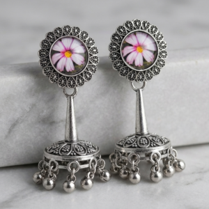 Vintage Floral Oxidized Silver Jhumka Earrings